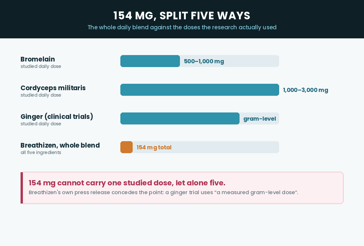 Breathizen's 154 mg total blend against bromelain, cordyceps and ginger studied doses
